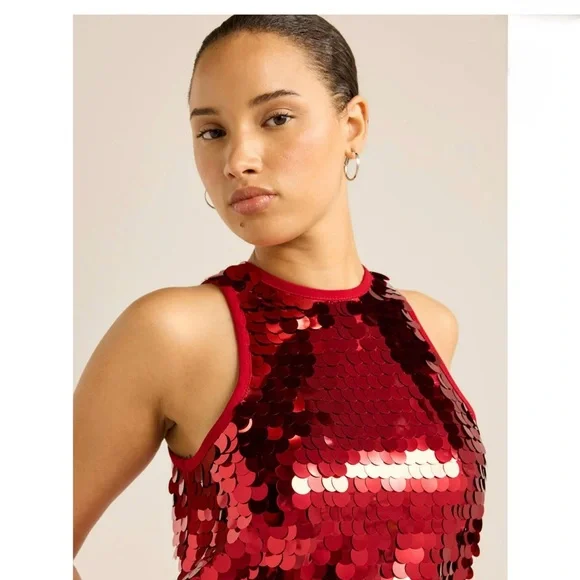 Red Sequin Sleeveless Top Scoop Women's Paillette Sequin Tank Top XS NWT - Picture 1 of 5